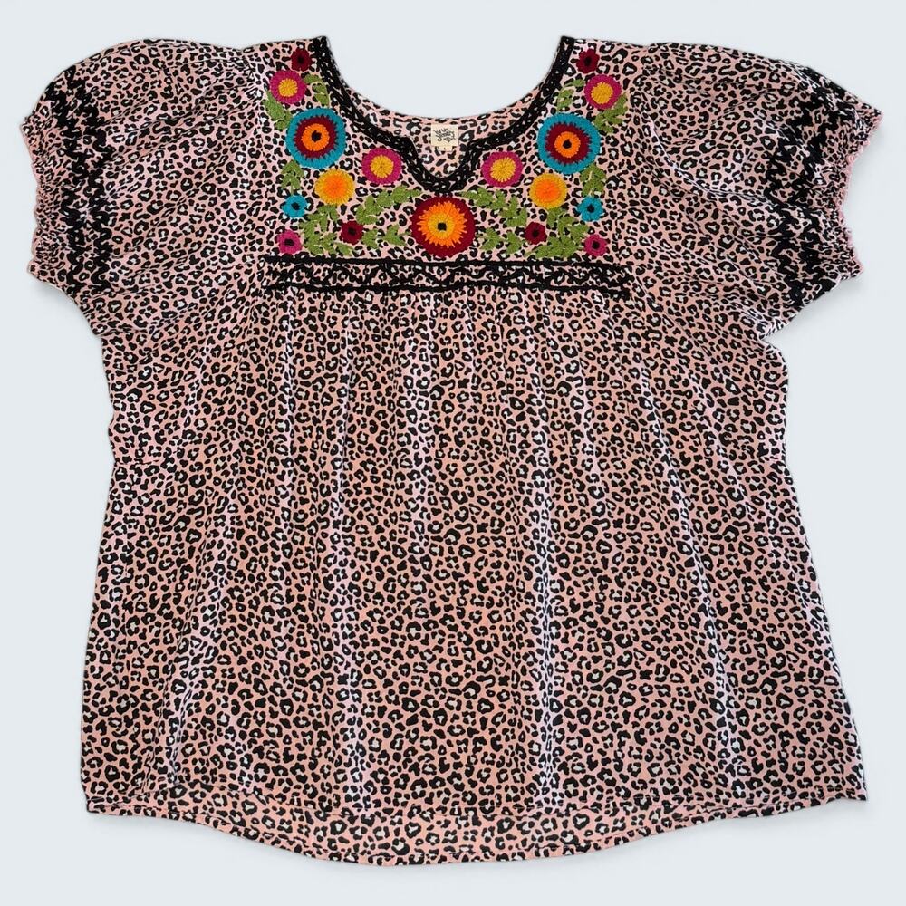 Ivy Jane Leopard Print Embroidered Top Floral Boho Puff Sleeve Blouse Size L